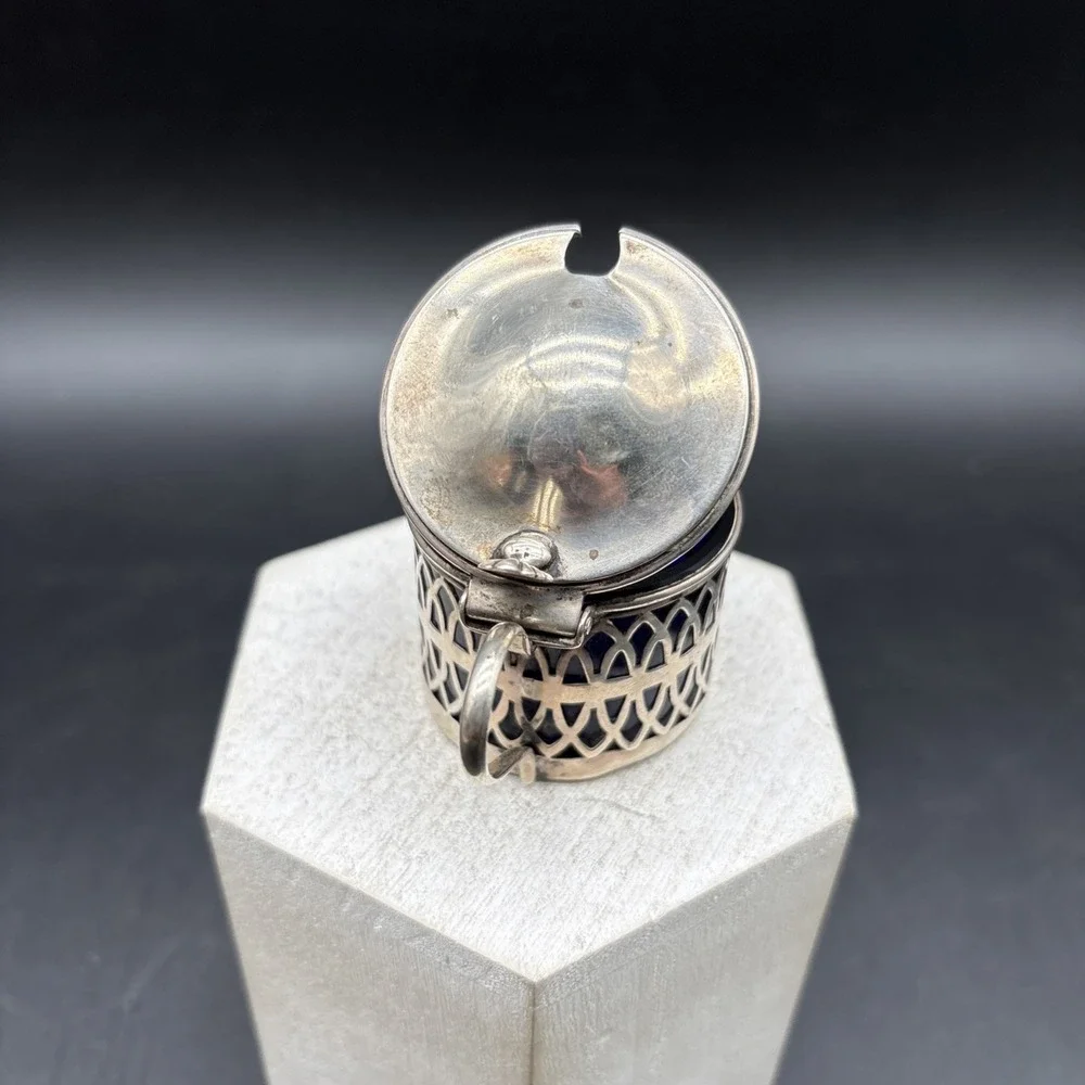 Sterling Silver 925 Mustard Pot Cobalt Blue Glass Liner‎ Openwork Vintage